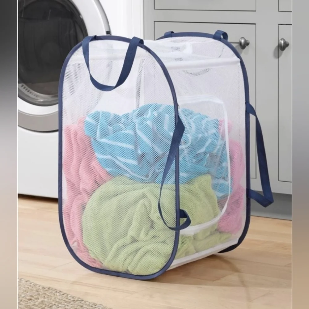 Whitmor Fabric Collapsible Hamper Blue/White 5588-7485-WNVY